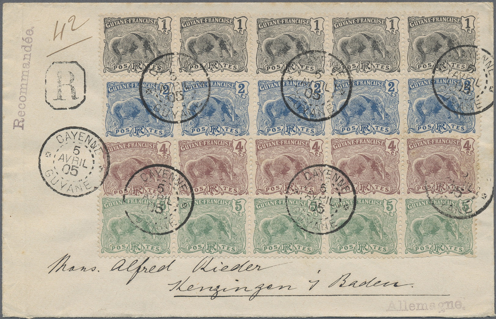 Br Französisch-Guyana: 1905, 1 To 5 Cent. Ant-eater Decorative Franking In Strips Of Five On Registered Letter From CAYE - Covers & Documents