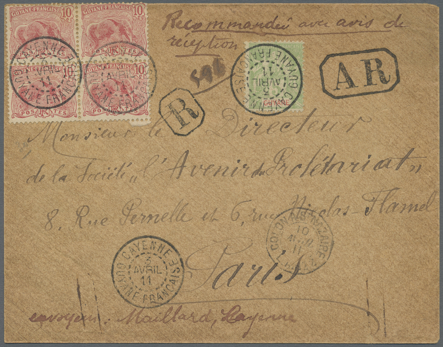 Br Französisch-Guyana: 1911. Registered Envelope Addressed To France Bearing Guyane Yvert 43, 5c Yellow-green And Yvert  - Covers & Documents