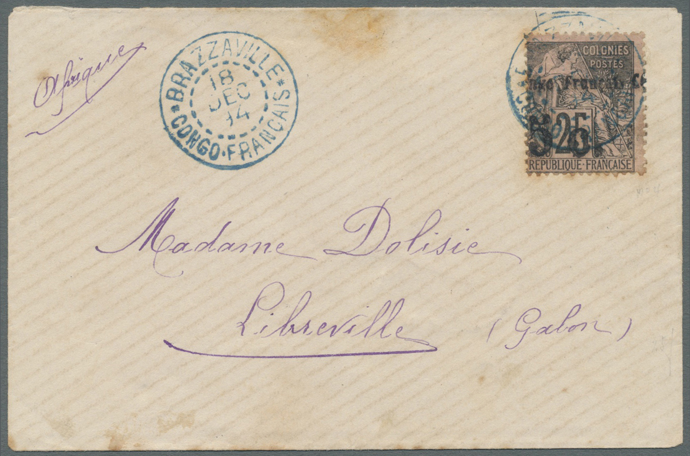 Br Französisch-Kongo: 1894. Envelope To Gabon Bearing Yvert 4, 5 On 25c Black/rose Tied By Brazza Ville Cougo-Francais D - Covers & Documents