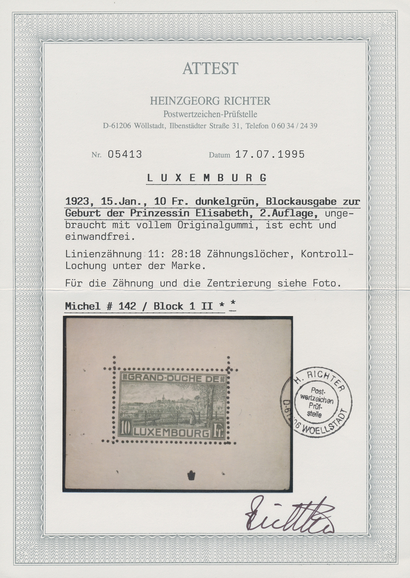 ** Luxemburg: 1923, Block 1 In Beiden Zähnungstypen, Je Tadellos Postfrisch Und Entsprechendem Fotoattest "echt U - Other & Unclassified