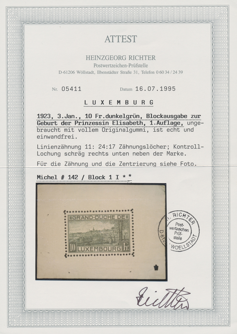 ** Luxemburg: 1923, Block 1 In Beiden Zähnungstypen, Je Tadellos Postfrisch Und Entsprechendem Fotoattest "echt U - Other & Unclassified