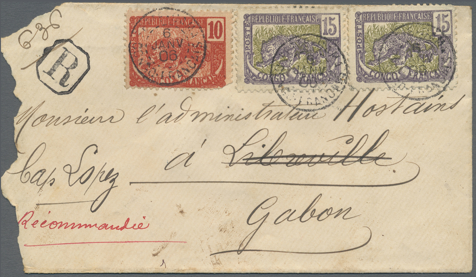 Br Französisch-Kongo: 1906. Registered Envelope (roughly Opend) Addressed To Gabon Bearing Congo Francaise Yvert 31, 10c - Covers & Documents