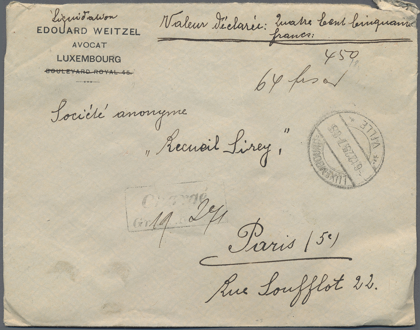 Br Luxemburg: 1929. Value Declared Envelope To Paris Bearing Yvert 165, 10c Olive, Yvert 175, 35c Violet, Yvert 1 - Other & Unclassified