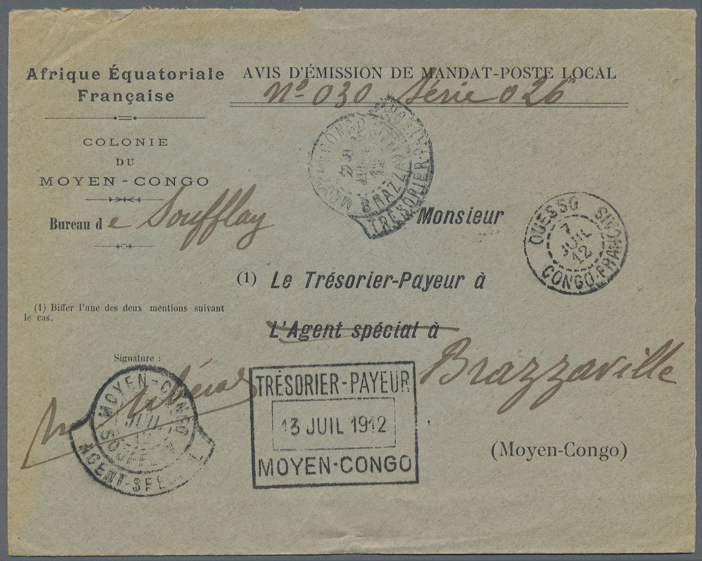 Br Französisch-Kongo: 1912. Stampless 'Avis D'Emission De Mandat-Poste Local' Envelope Headed 'Afrique Equatoriale Franç - Covers & Documents