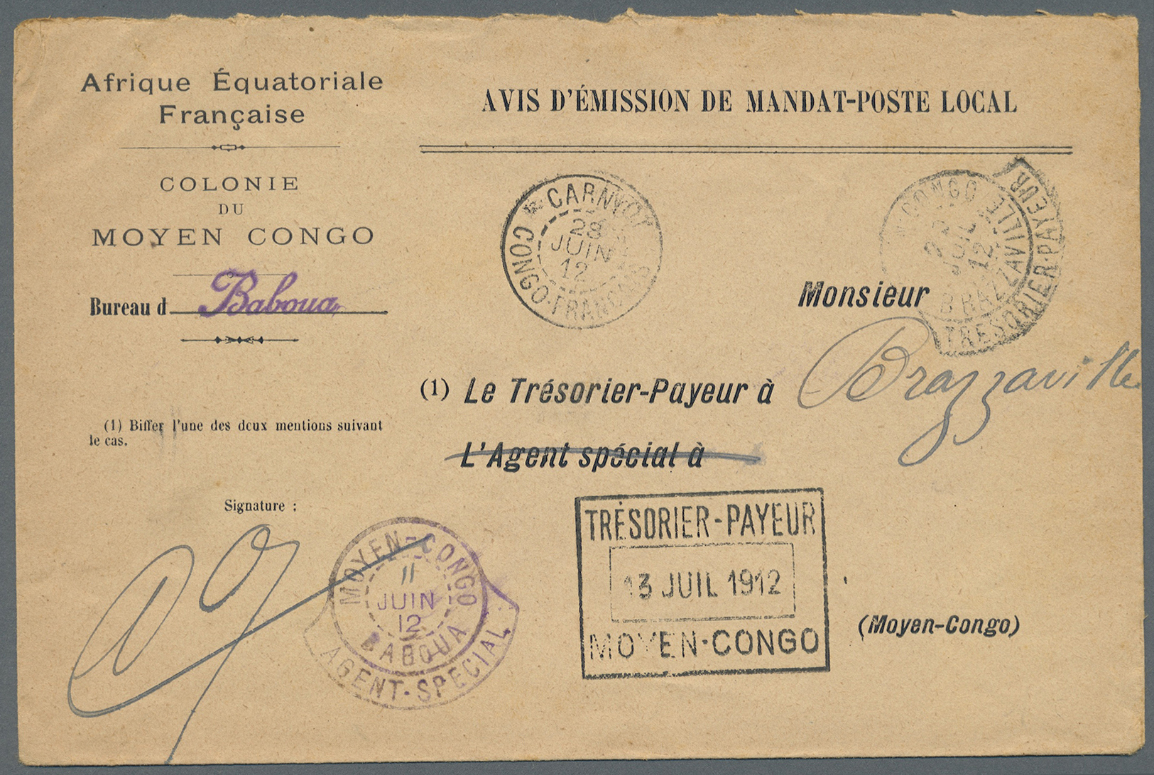Br Französisch-Kongo: 1912. Stampless 'Avis D'Emission De Mandat-Poste Local' Envelope Headed 'Afrique Equatoriale Franç - Covers & Documents