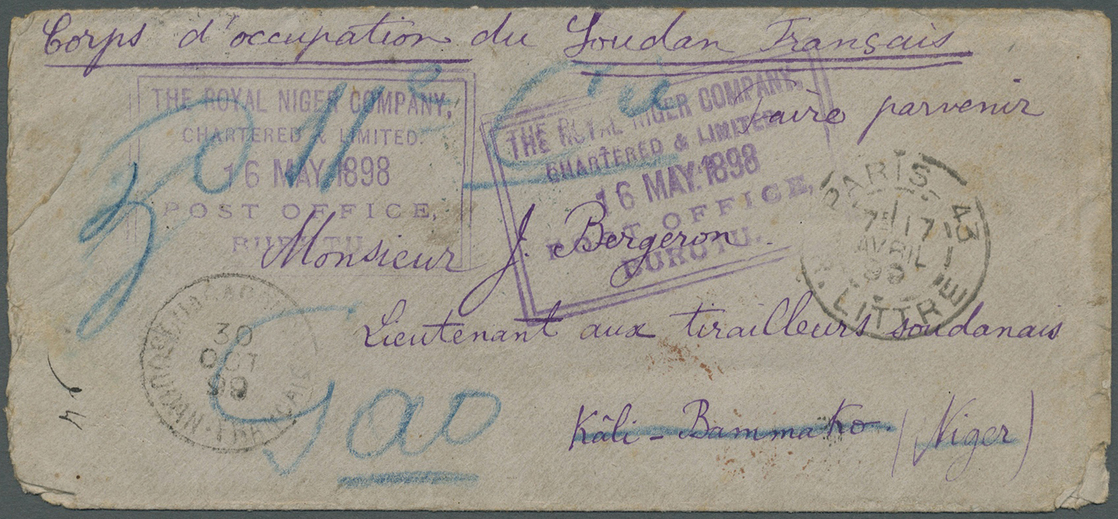 Br Französisch-Niger: 1898. Stampless Envelope Endorsed 'Corps D'Occupation Du Sudan Francais' Addressed To 'Monsieur Be - Covers & Documents