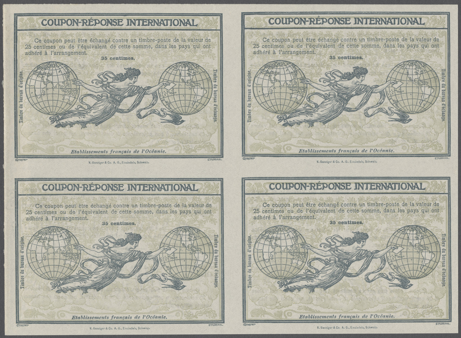 GA Französisch-Ozeanien: Design "Rome" 1906 International Reply Coupon As Block Of Four 35 C. "Etablissements Francais D - Other & Unclassified