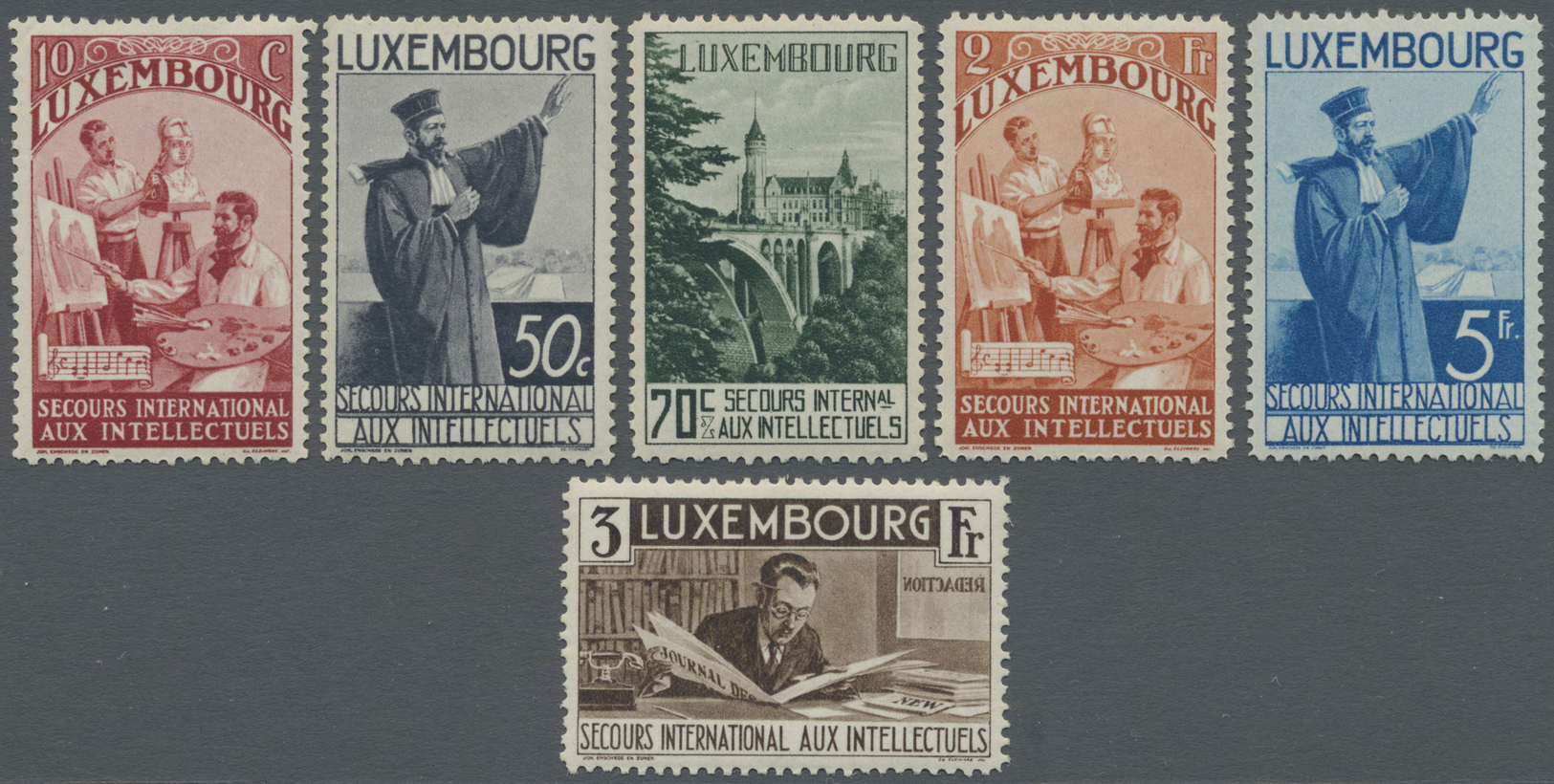 * Luxemburg: 1935, Sondermarkenserie Intellektuelle, Kompletter Satz (15 Werte) Mit Sauberer Erstfalz-Spur, übli - Other & Unclassified