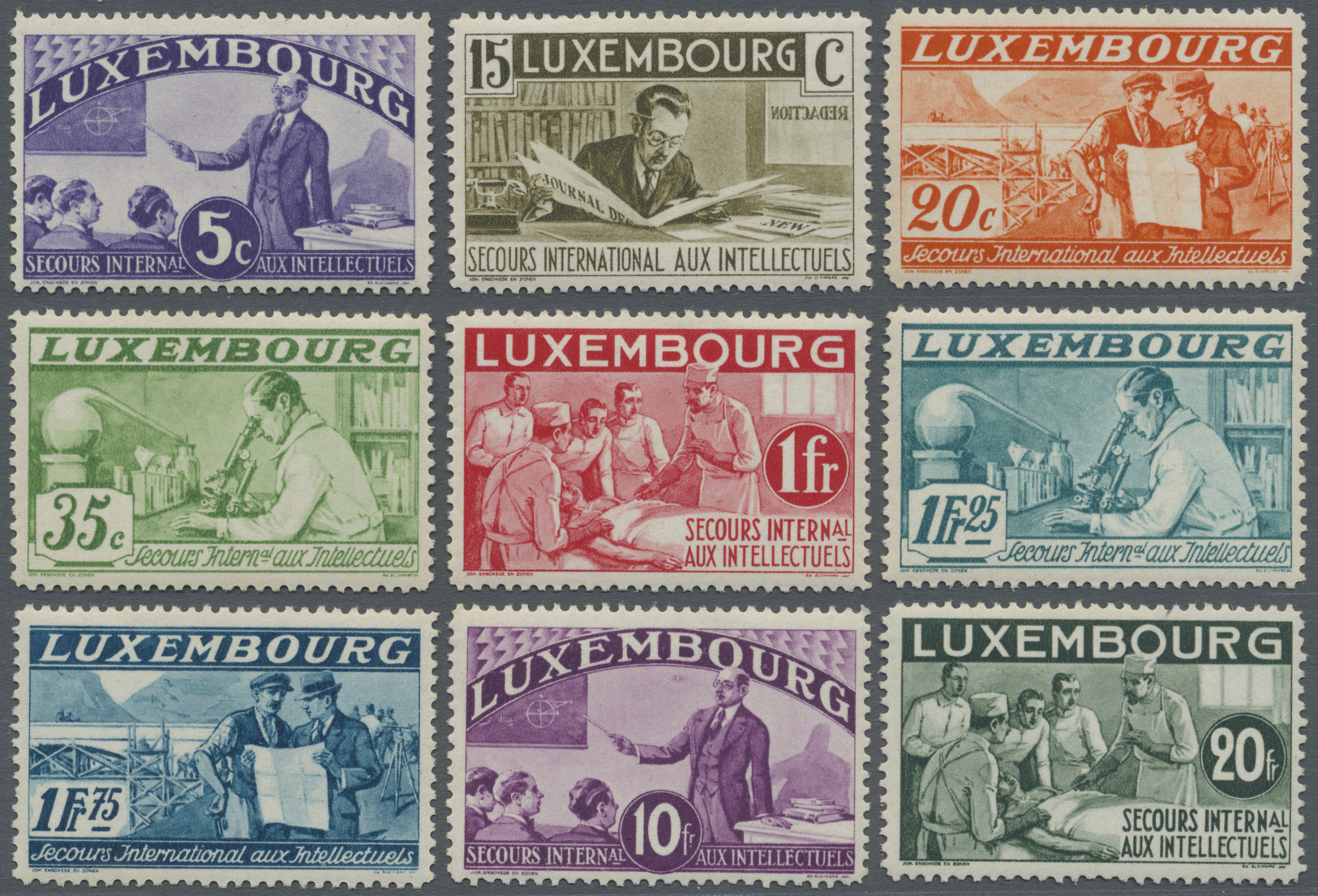 * Luxemburg: 1935, Sondermarkenserie Intellektuelle, Kompletter Satz (15 Werte) Mit Sauberer Erstfalz-Spur, übli - Other & Unclassified