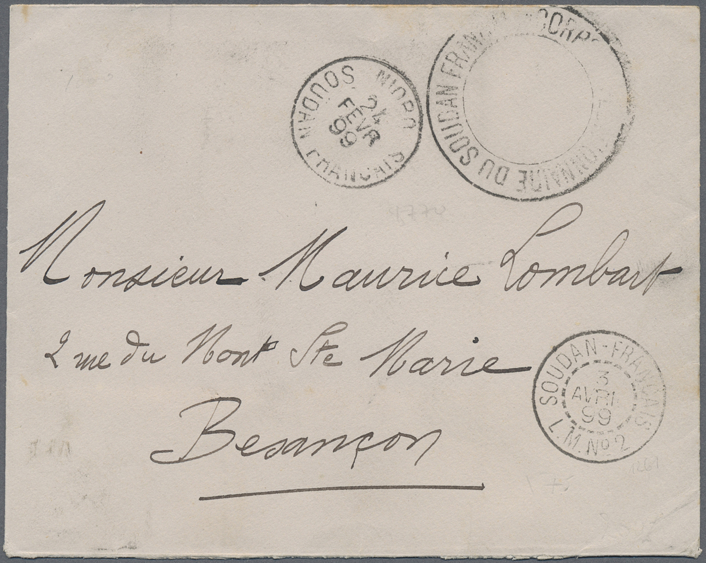 Br Französisch-Sudan: 1899. Stampless Envelope Endorsed 'Corps D 'Occupation Du Soudan Francais' On Reverse Addressed To - Covers & Documents