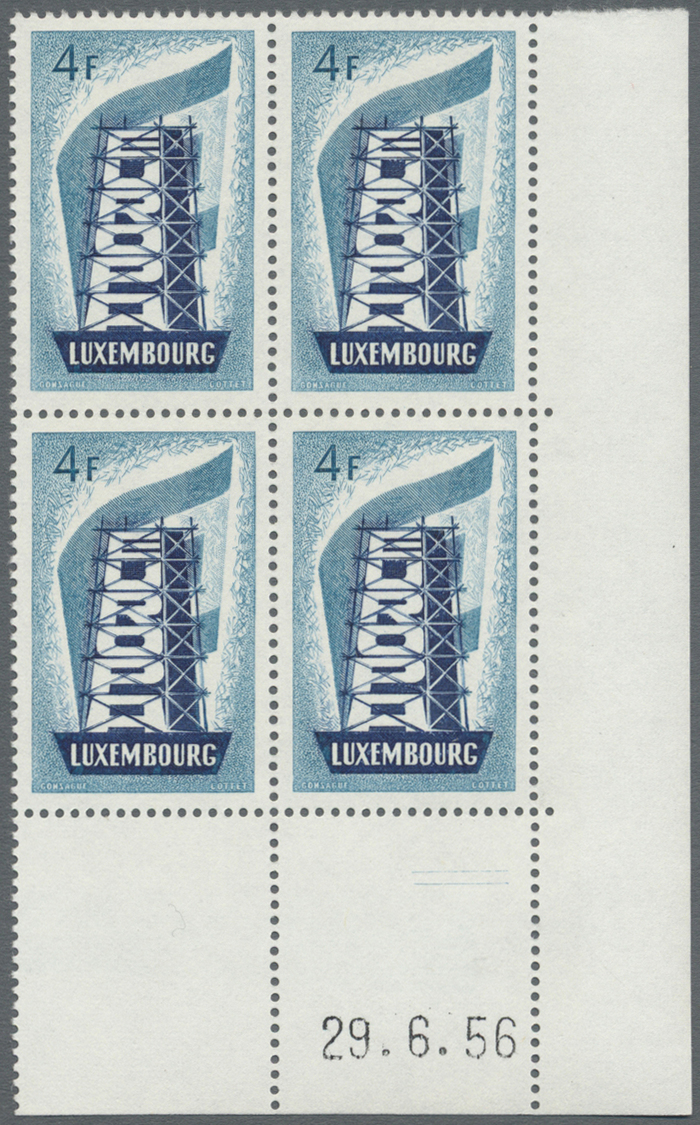 **/ Luxemburg: 1956, Europa, Je Im Postfrischen Viererblock Aus Der Rechten Unteren Bogenecke Mit Komplettem Druck - Autres & Non Classés
