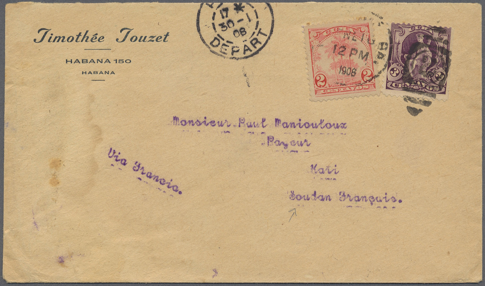 Br Französisch-Sudan: 1908. Envelope (flap Partly Missing, Stains) Addressed To Kati, Soudan Français Bearing United Sta - Covers & Documents