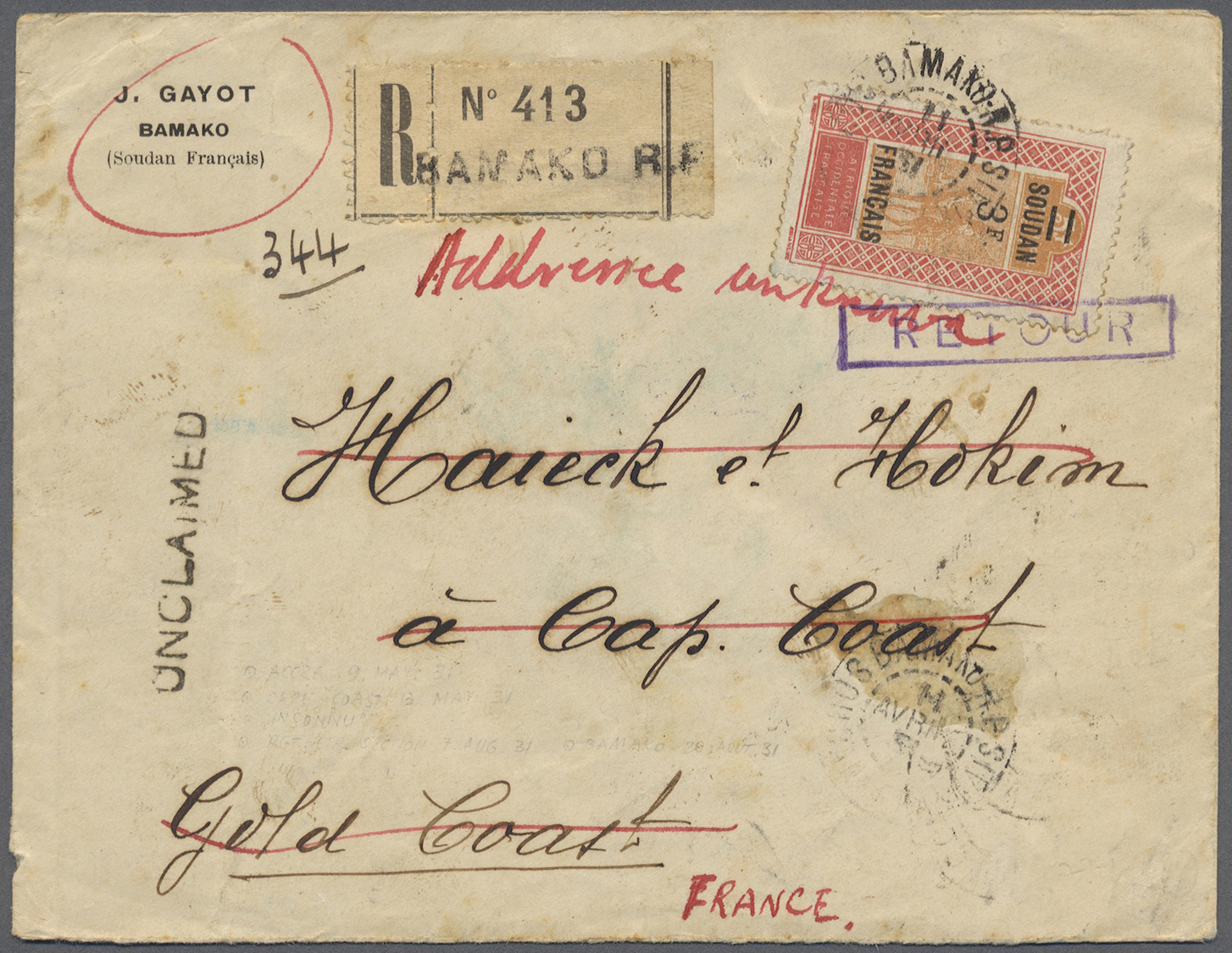 Br Französisch-Sudan: 1931. Registered Envelope Written From Bamako, French Soudan Addressed To Cape Coast, Gold Coast B - Covers & Documents