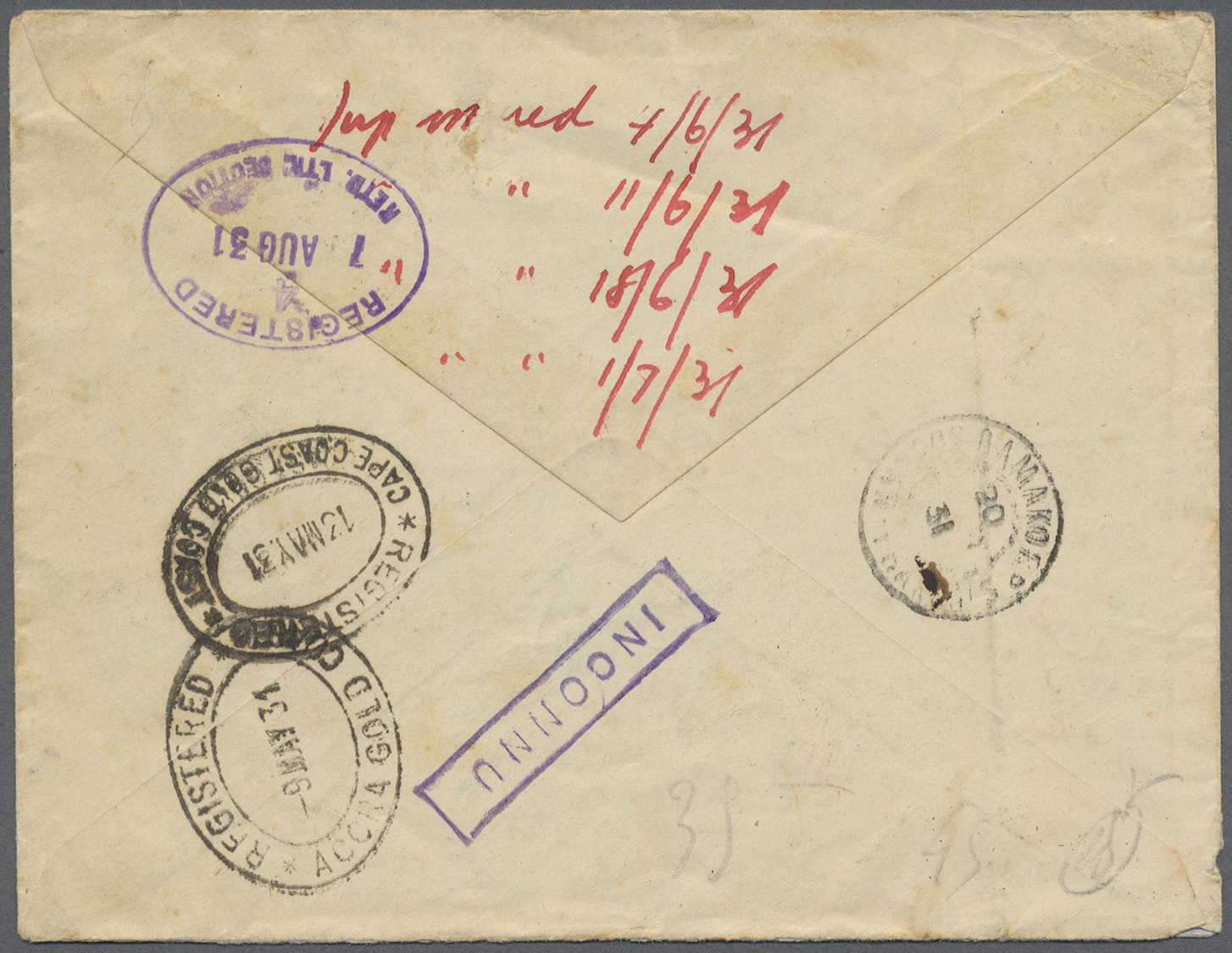 Br Französisch-Sudan: 1931. Registered Envelope Written From Bamako, French Soudan Addressed To Cape Coast, Gold Coast B - Covers & Documents