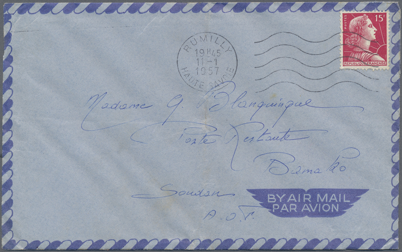 Br Französisch-Westafrika - Portomarken: 1956. Air Mail Envelope (vertical Fold) Addressed To 'Poste Restante' A.O.F. Be - Other & Unclassified