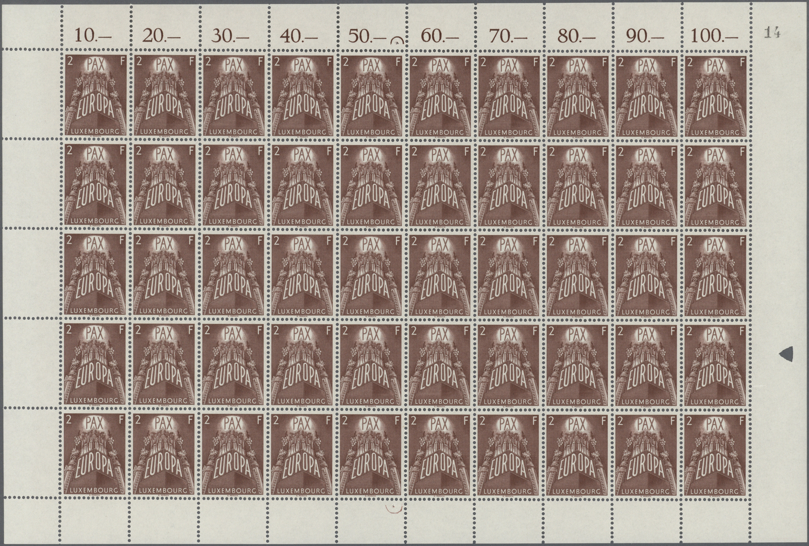 ** Luxemburg: 1957, Europa, 2 - 4 Fr. Je Im Kompletten Bogen Zu 50 Werten, Einmal Mittig Gefaltet, Tadellos Postf - Other & Unclassified