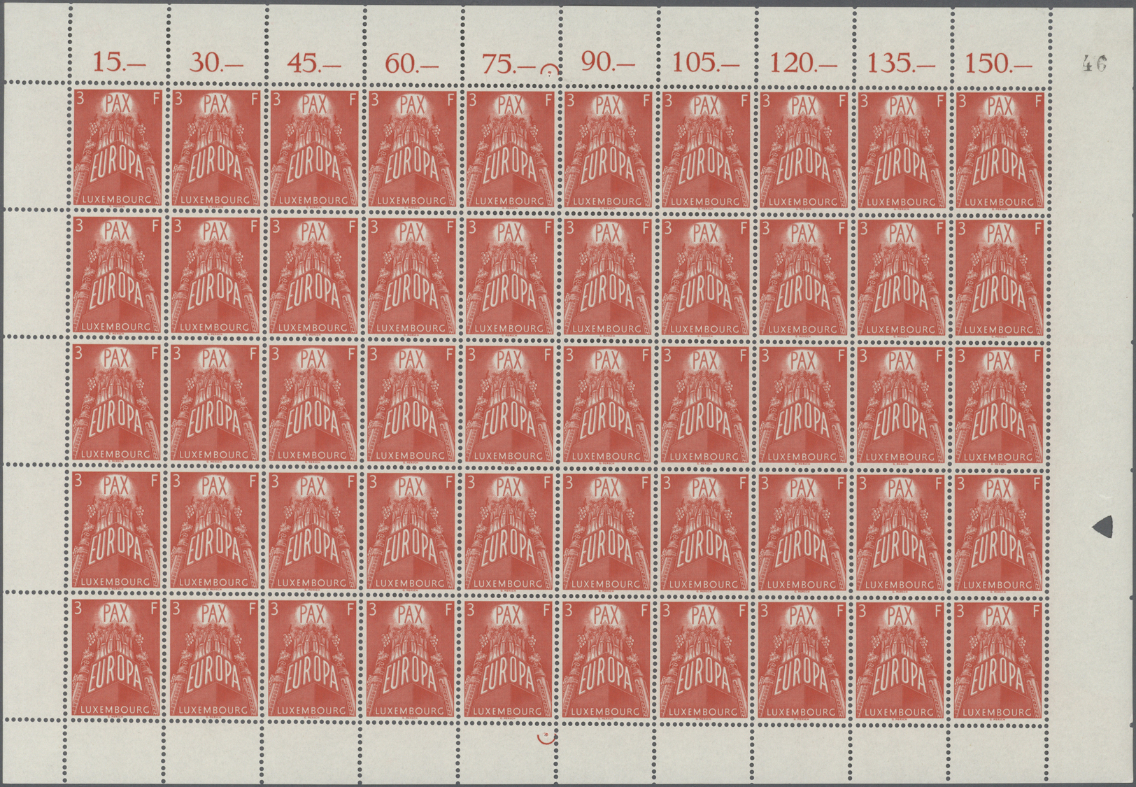 ** Luxemburg: 1957, Europa, 2 - 4 Fr. Je Im Kompletten Bogen Zu 50 Werten, Einmal Mittig Gefaltet, Tadellos Postf - Other & Unclassified