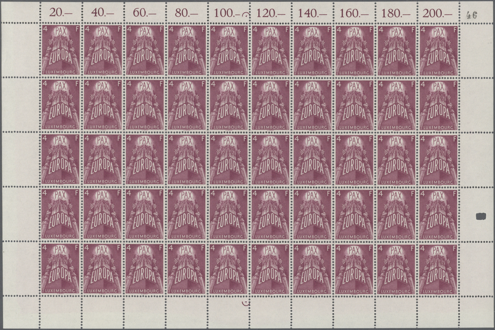 ** Luxemburg: 1957, Europa, 2 - 4 Fr. Je Im Kompletten Bogen Zu 50 Werten, Einmal Mittig Gefaltet, Tadellos Postf - Other & Unclassified