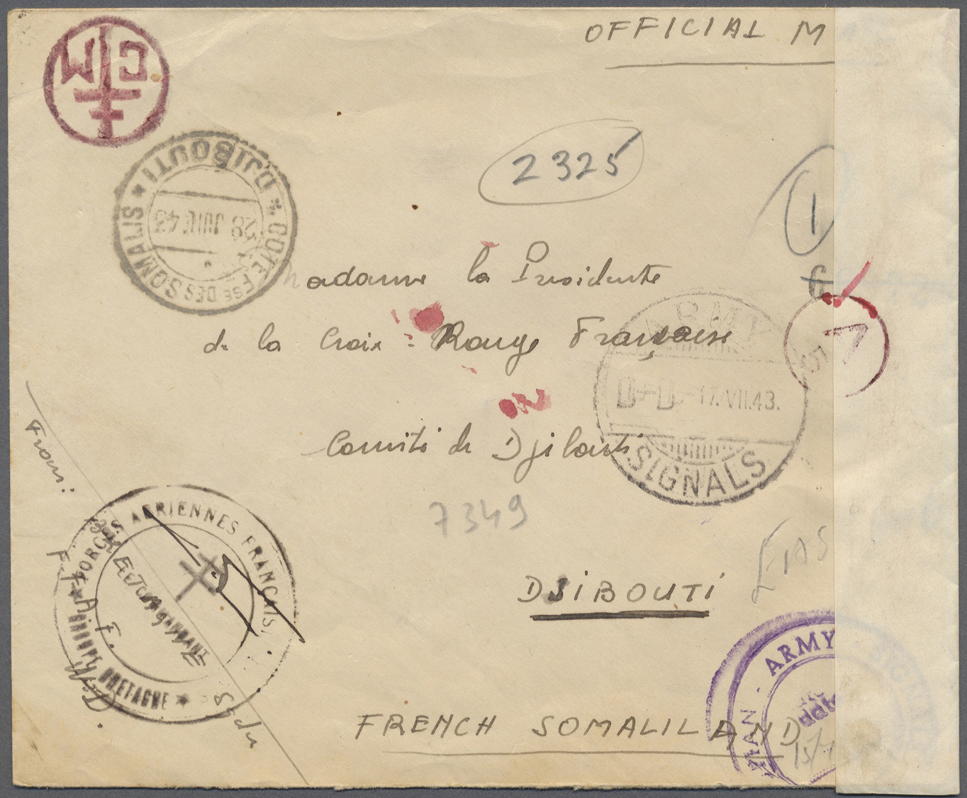 Br Französische Somaliküste: 1943. Military Mail Envelope Written From The French Aeronautique Regiment (Bretagne Divisi - Used Stamps