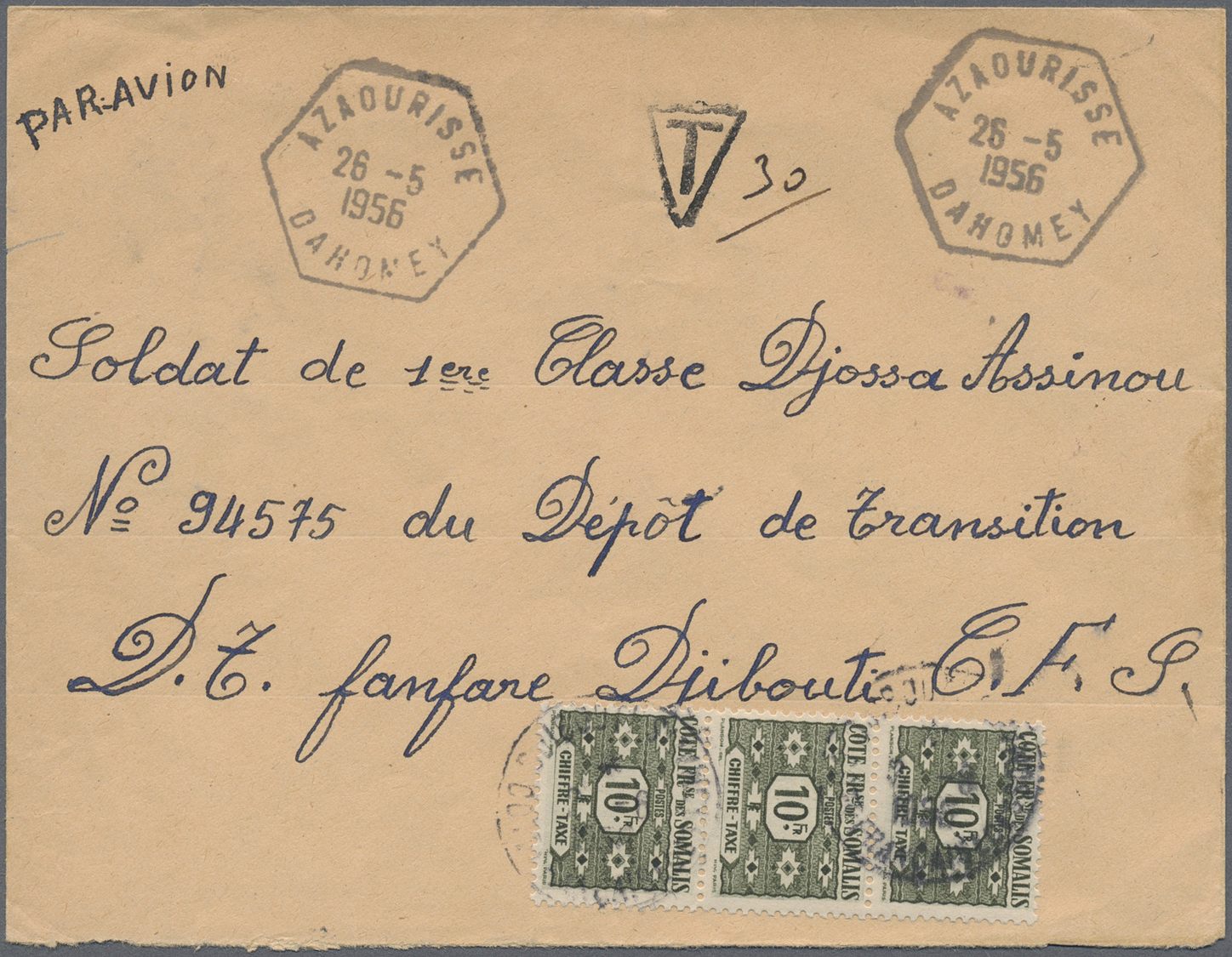 Br Französische Somaliküste - Portomarken: 1956. Stampless Air Mail Envelope Addressed To French Military ‘Depot De Tran - Covers & Documents