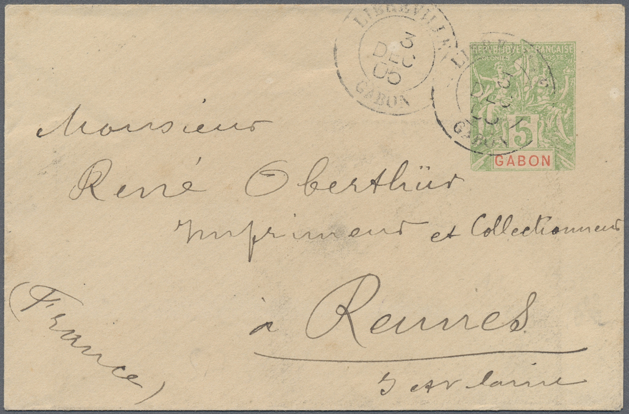 GA Gabun: 1905. Postal Stationery Envelope 5c Yellow Green Cancelled By Libreville Gabon Date Stamp Addressed To France  - Gabon