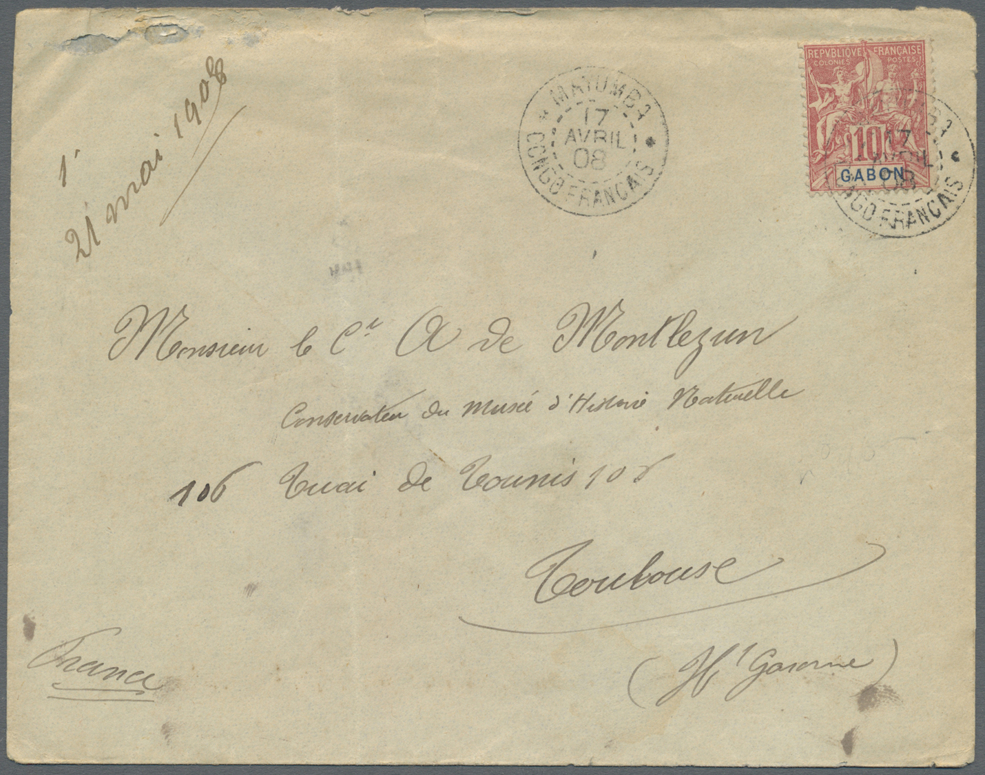 Br Gabun: 1908. Envelope (vertical Fold) Addressed To France Bearing Gabon Yvert 20, 10c Rose Tied By Mayumba/Congo Fran - Gabon