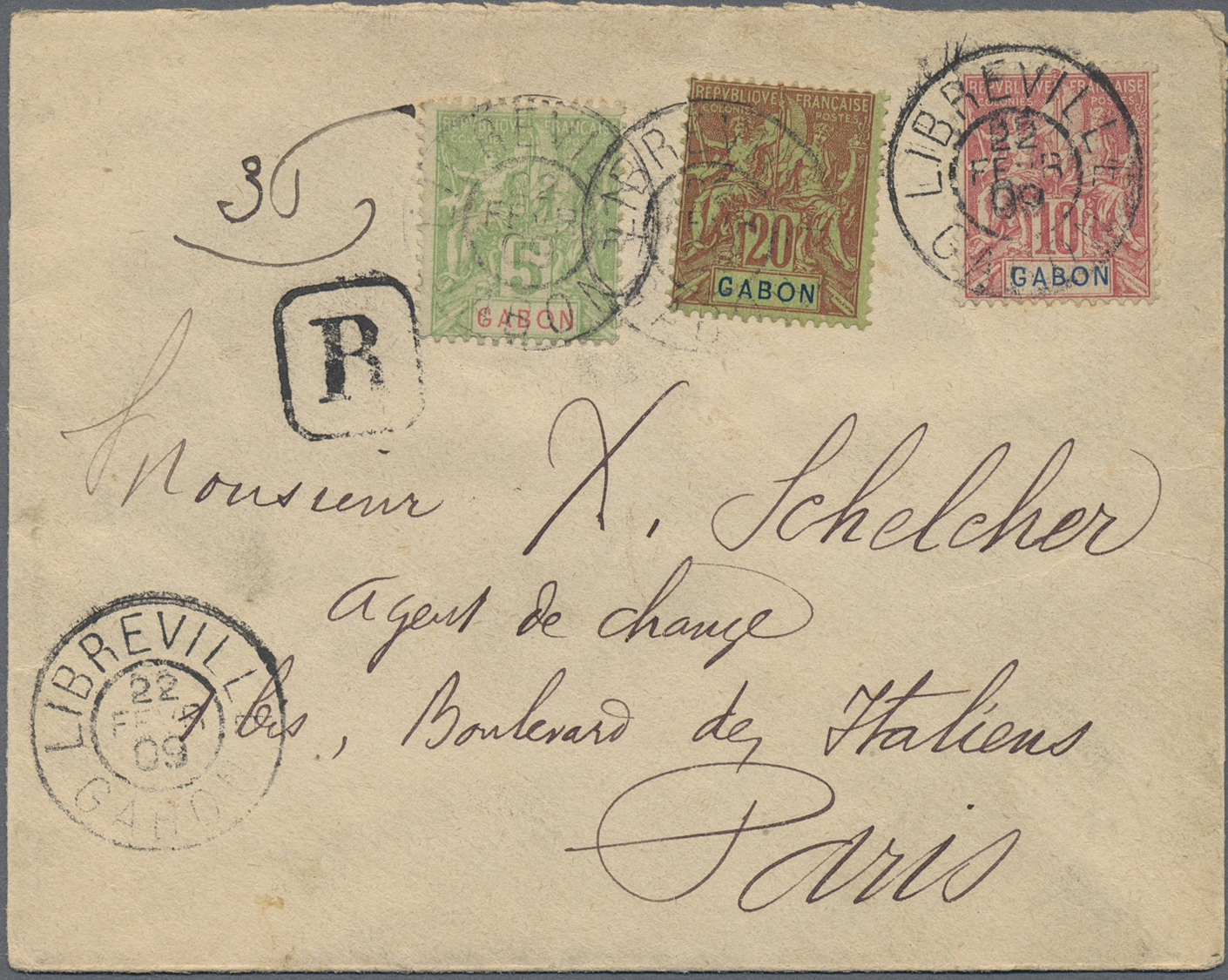 Br Gabun: 1909. Registered Envelope (soiled, Tears) To France Bearing Gabon Yvert 19, 5c Yellow Green, Yvert 20, 10c Ros - Gabon