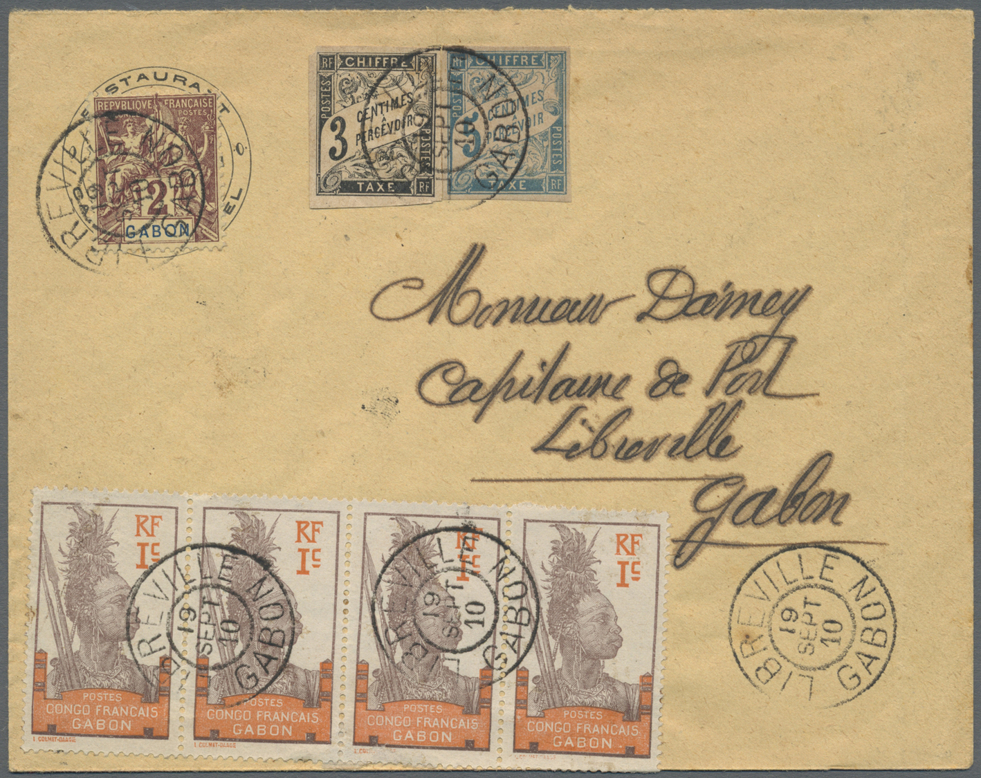 Br Gabun: 1910. Local Mail Envelope Addressed To Libreville, Gabon Bearing Yvert 17, 2c Lilac/brown And Yvert 33, 1c Bro - Gabon