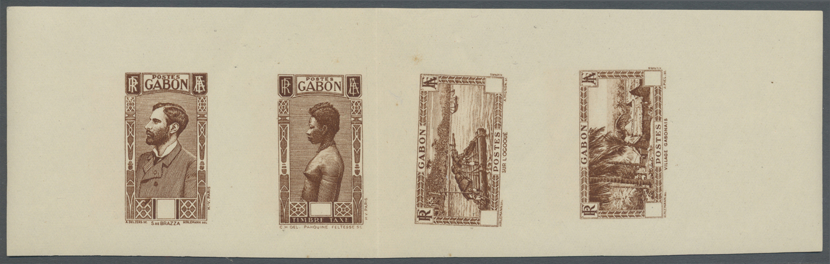 ** Gabun: 1932, Collective Proofs On Gummed Paper, Four Stamps From The 1932 Ordinary Stamp Set And Tax Stamp In Four Dí - Gabon