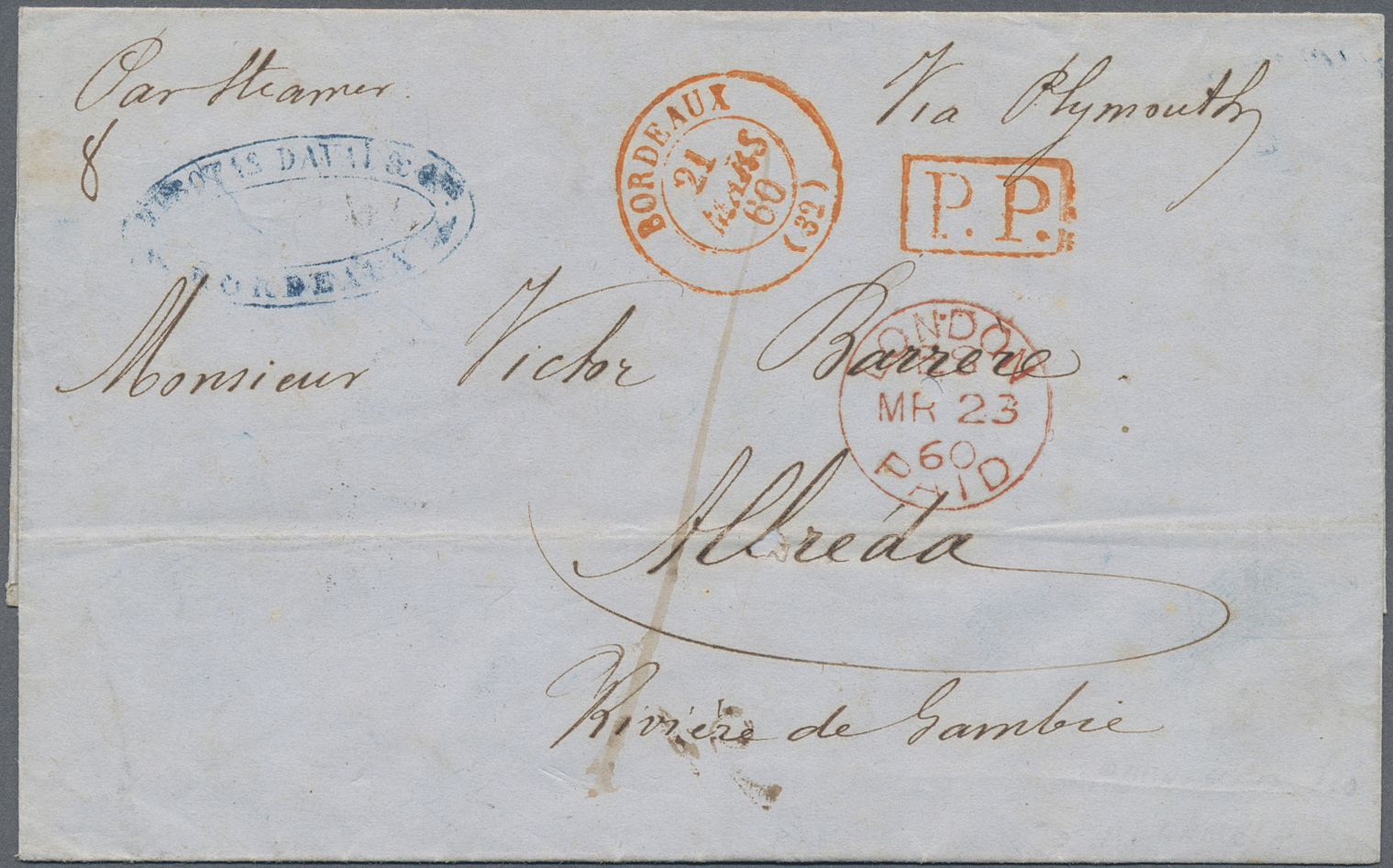 Br Gambia: 1860. Stampless Envelope (archive Folds) Written From Bordeaux Addressed To 'Albreda, Riviere De Gambie' Canc - Gambia (1965-...)