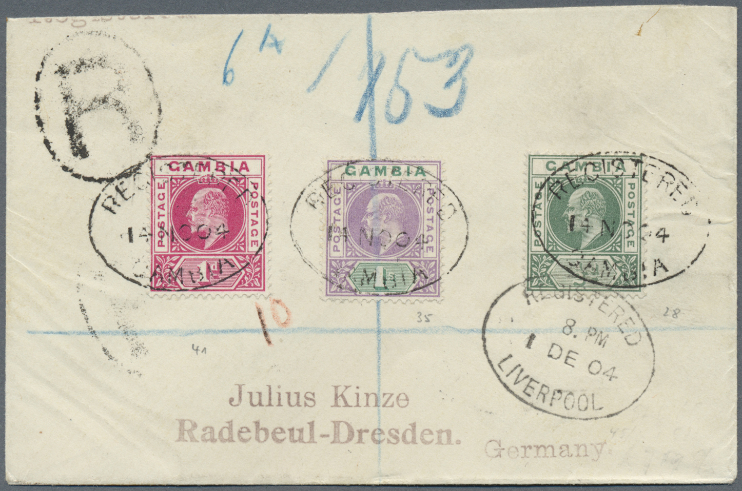 Br Gambia: 1902, 1 Sh. König Edward VII. Auf R-Brief Nach "Radebeul-Dresden" In Mischfrankatur Mit Mi.Nr. 28 Und 29. - Gambia (1965-...)