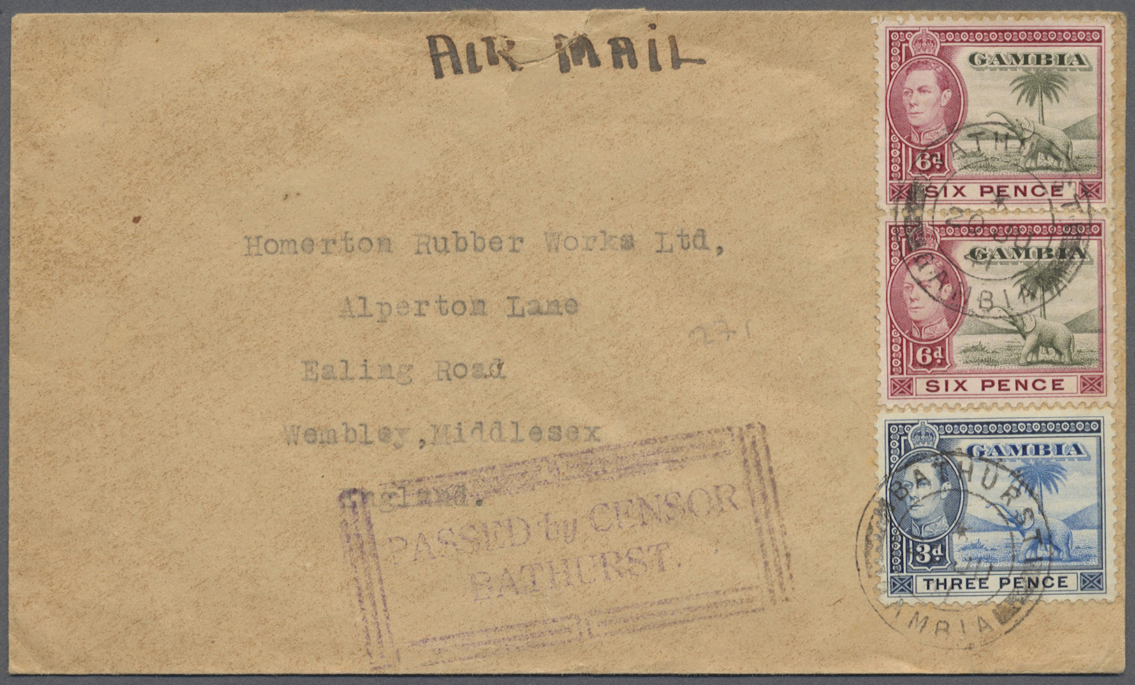 Br Gambia: 1941. Air Mail Envelope Addressed To England Bearing SG 154, 3d Light Blue And SG 155, Olive And Purple (2) T - Gambia (1965-...)