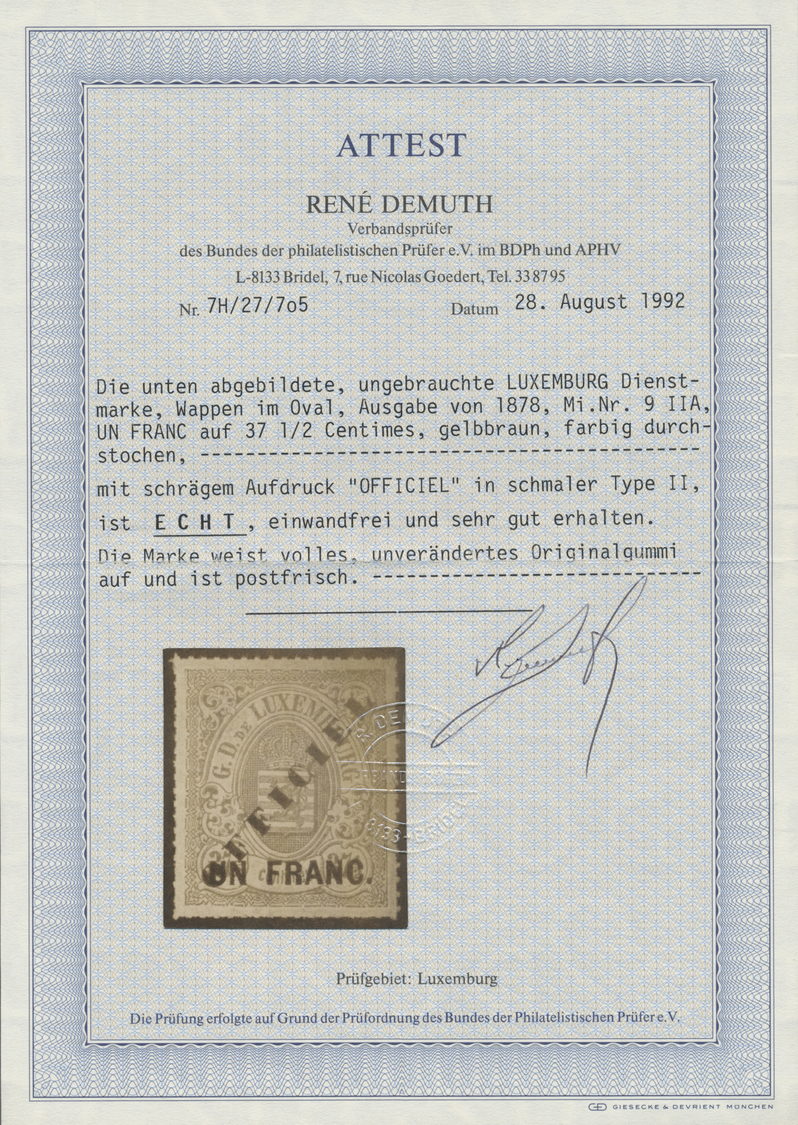 ** Luxemburg - Dienstmarken: 1875, Dienstmarke "UN FRANC," Auf 37 1/2 C. Mit Aufdruck "OFFICIEL" In Schmaler Type - Officials