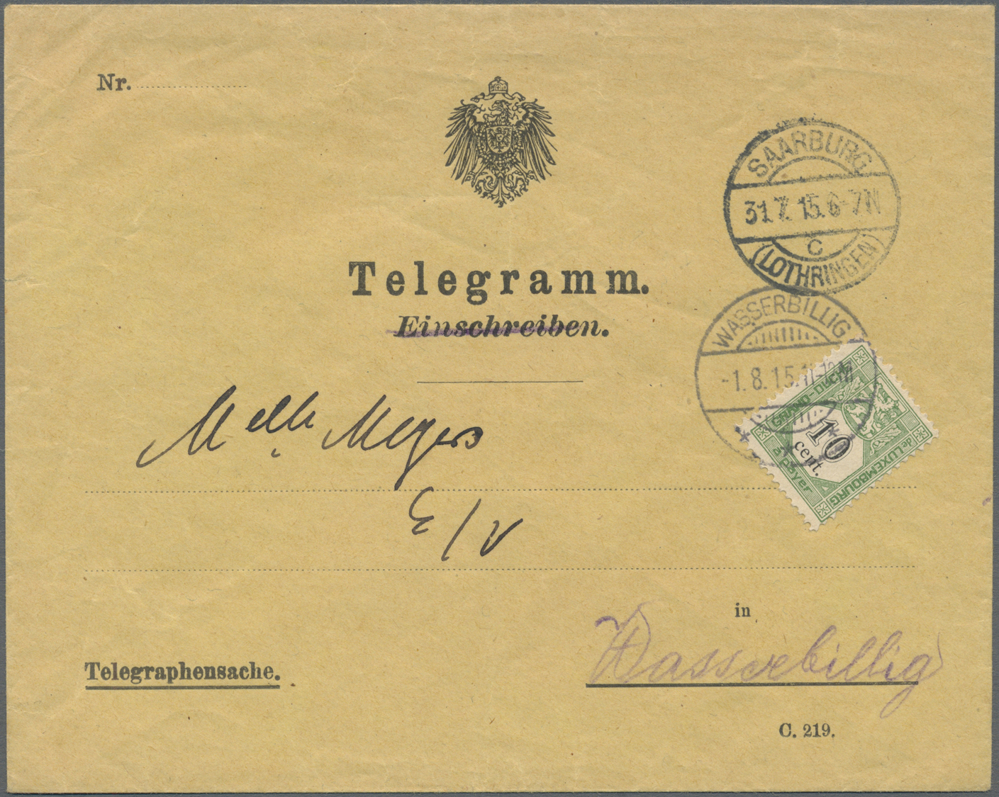 Br Luxemburg - Portomarken: 1907, 10 C. Pale Green And Black, Tied By Cds. "WASSERBILLIG 1.8.15" To Preprinting C - Postage Due