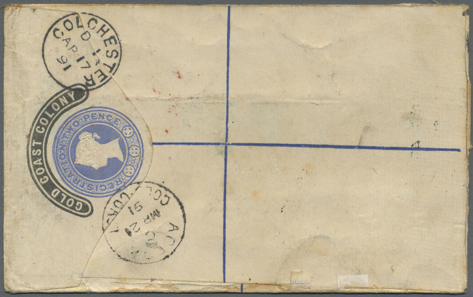 GA Goldküste: 1891. Registered Gold Coast Colony Postal Stationery Envelope 'two Pence' Blue Upgraded With SG 11, ½d Gre - Gold Coast (...-1957)