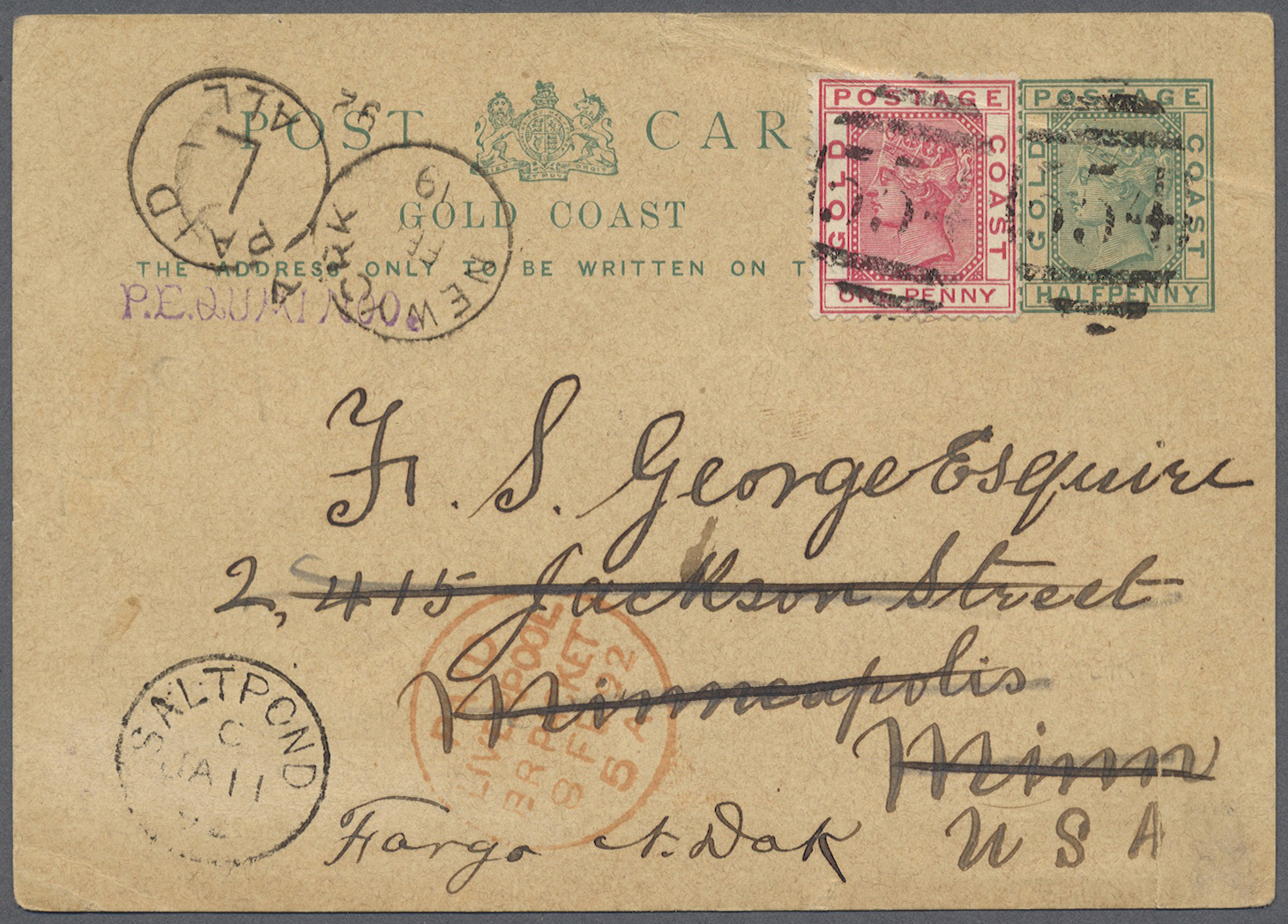 GA Goldküste: 1892. Postal Stationery Card 'half Penny' Green Upgraded With SG 12, 1d Carmine Tied By '554' Obliterator  - Gold Coast (...-1957)
