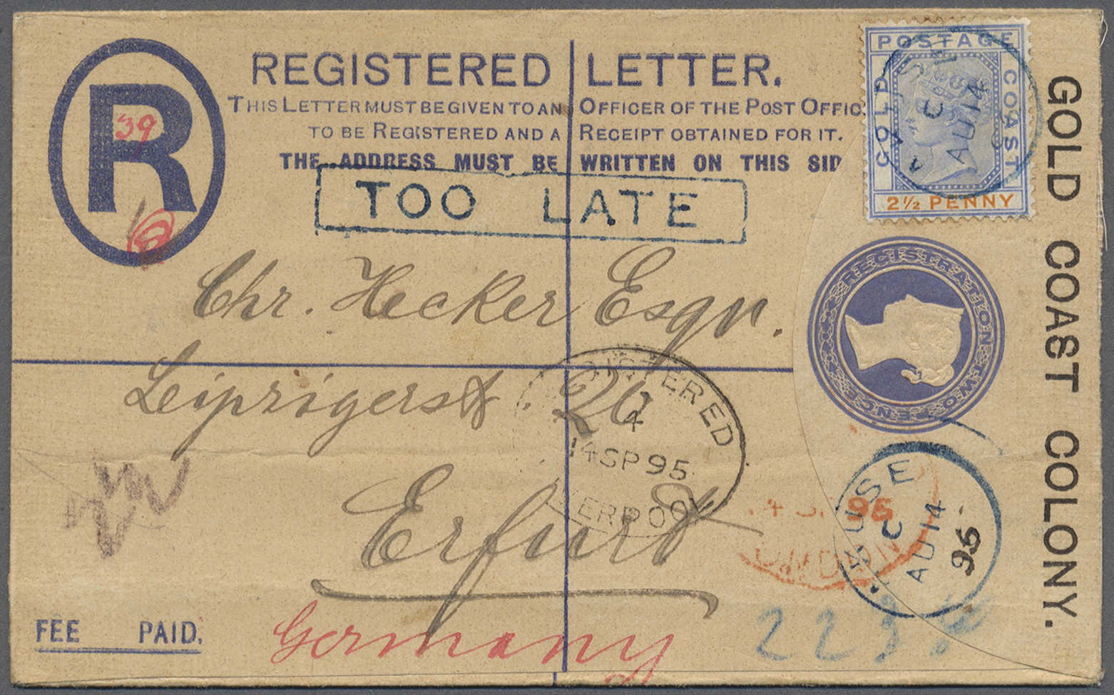 GA Goldküste: 1895. Registered Postal Stationery Envelope 'two Pence' Blue Upgraded With SG 14, 2½d Blue And Orange Tied - Gold Coast (...-1957)