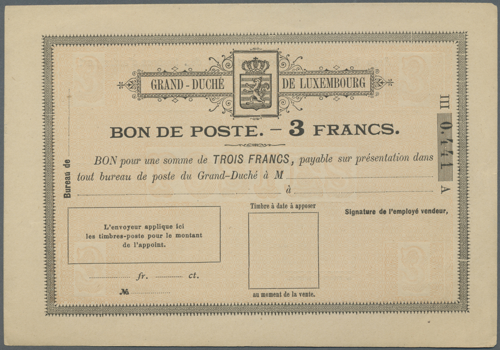 GA Luxemburg - Besonderheiten: 1890 ca. komplette ungebrauchte Serie von Postauszahlungsscheinen „bon de Poste” v