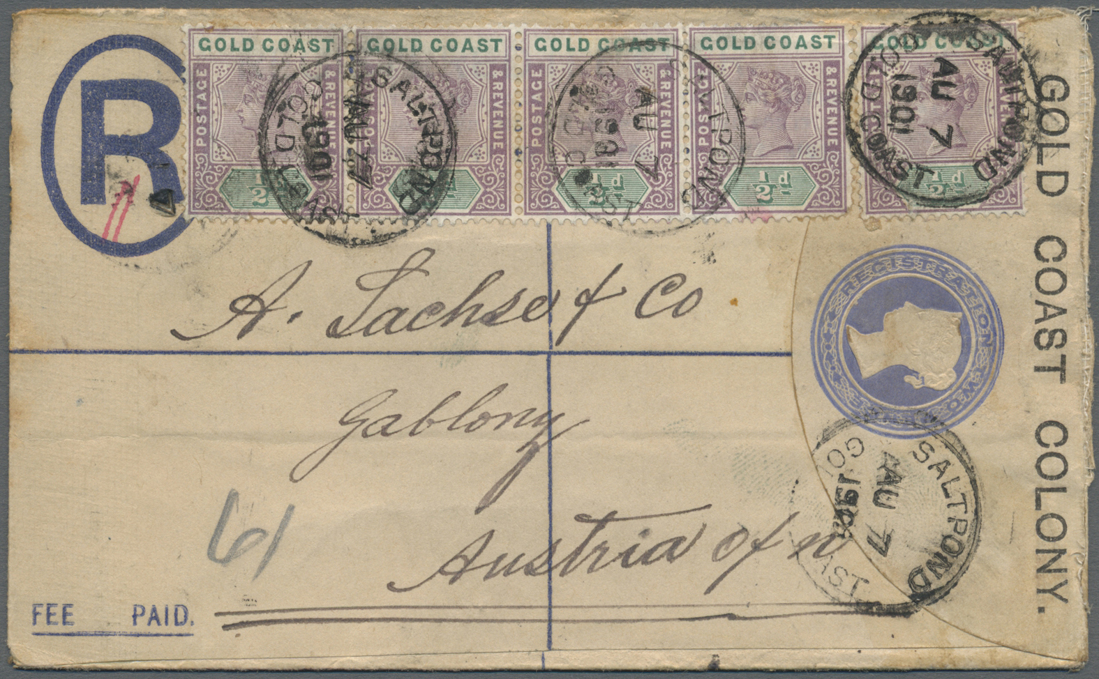 GA Goldküste: 1901 Registered Postal Stationery Envelope 2d Blue (small Format,tropical Toning) Upgraded With SG 26, ½d  - Gold Coast (...-1957)