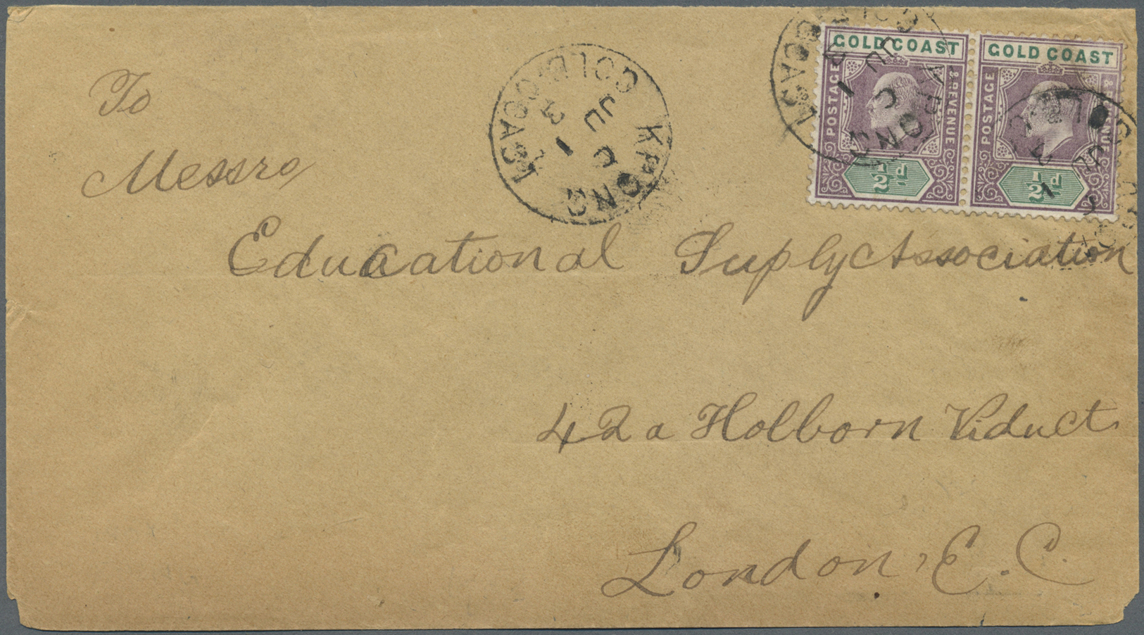 Br Goldküste: 1903. Envelope Addressed To London Bearing SG 38, ½d Purpfle And Green (pair) Tied By Kpong/Gold Coast Dat - Côte D'Or (...-1957)