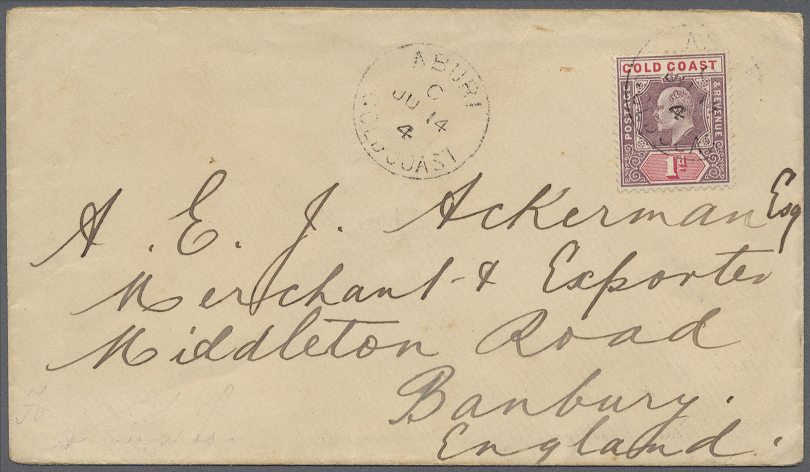 Br Goldküste: 1904. Envelope Addressed To England Bearing SG 39, 1d Purple And Carmine Tied By Ahuri/Gold Coast Date Sta - Gold Coast (...-1957)