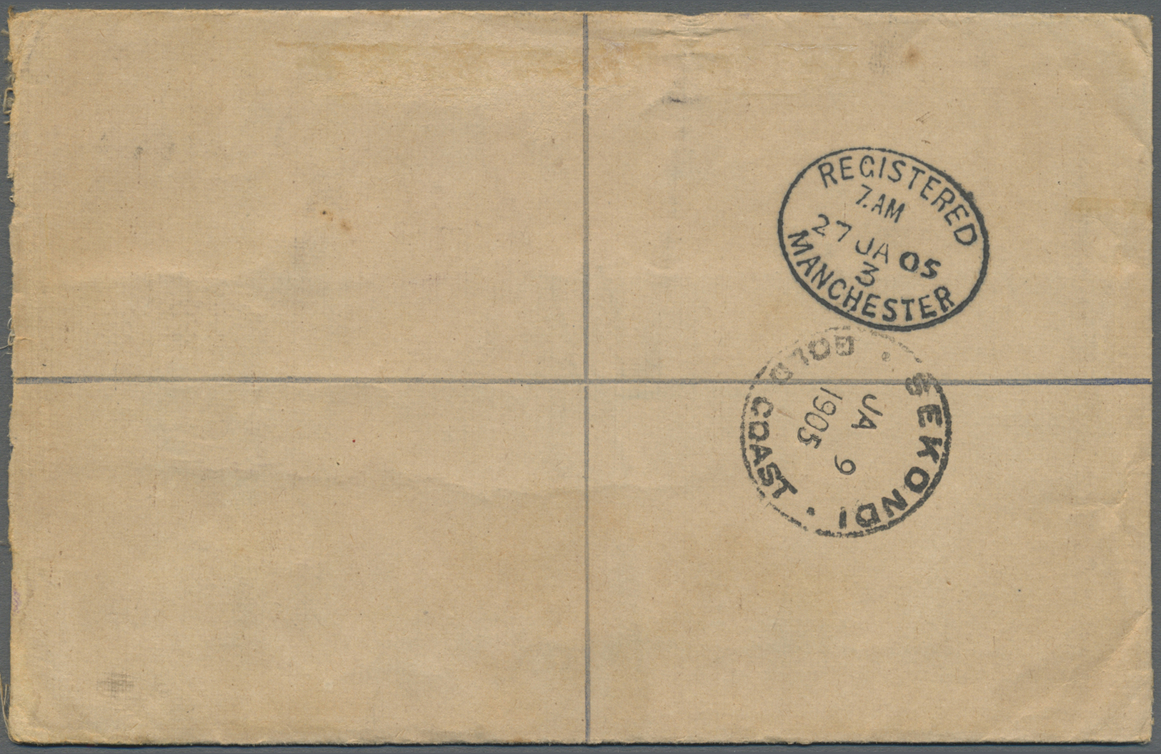 GA Goldküste: 1905. Soiled Registered Postal Stationery Envelope Two Pence Blue Upgraded With SG 50, 1d Purple And Carmi - Gold Coast (...-1957)