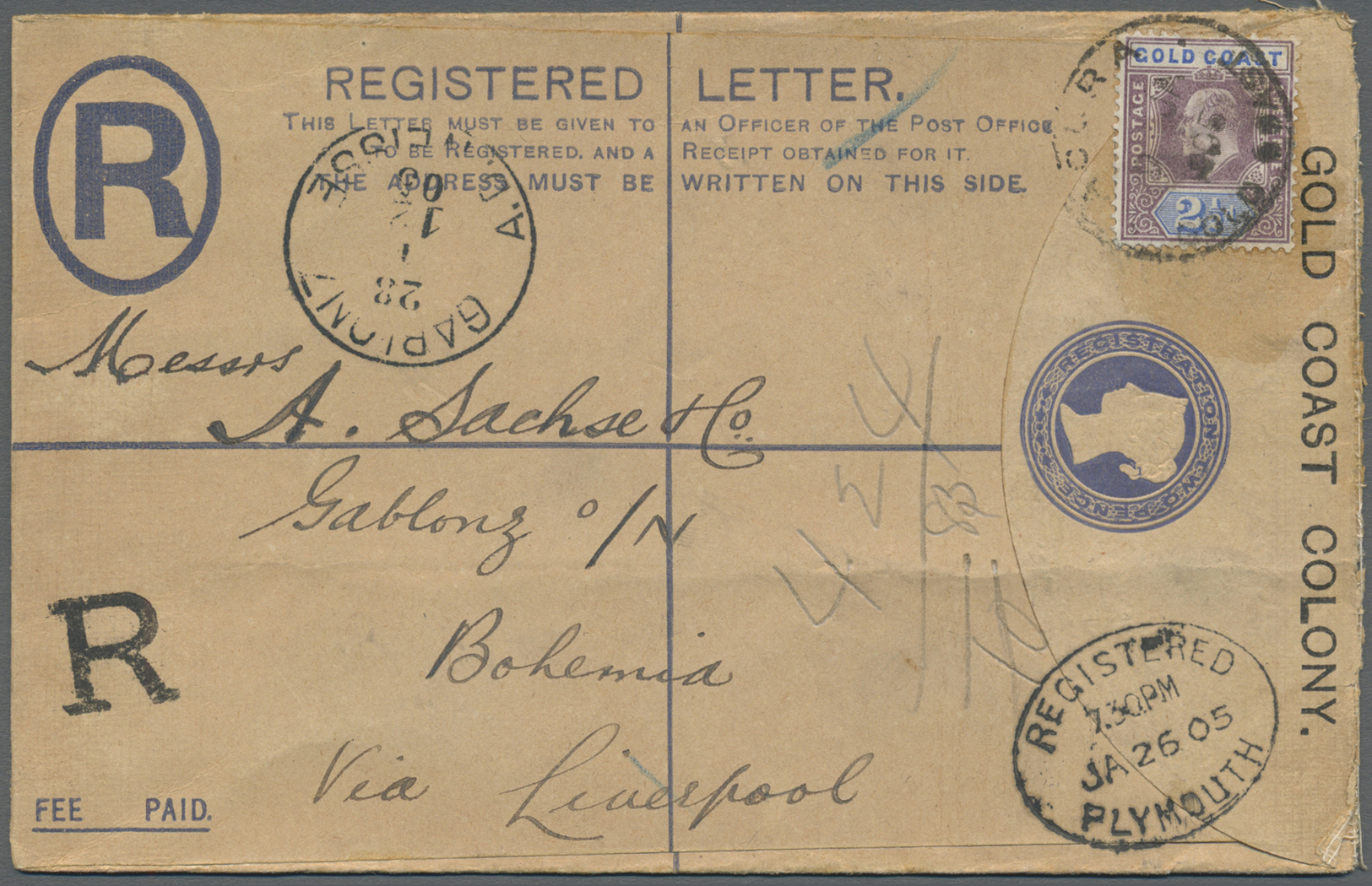 GA Goldküste: 1905. Registered Postal Stationery Envelope 2d Blue (tropical Toning) Upgraded With SG 41, 2½d Purple And  - Gold Coast (...-1957)