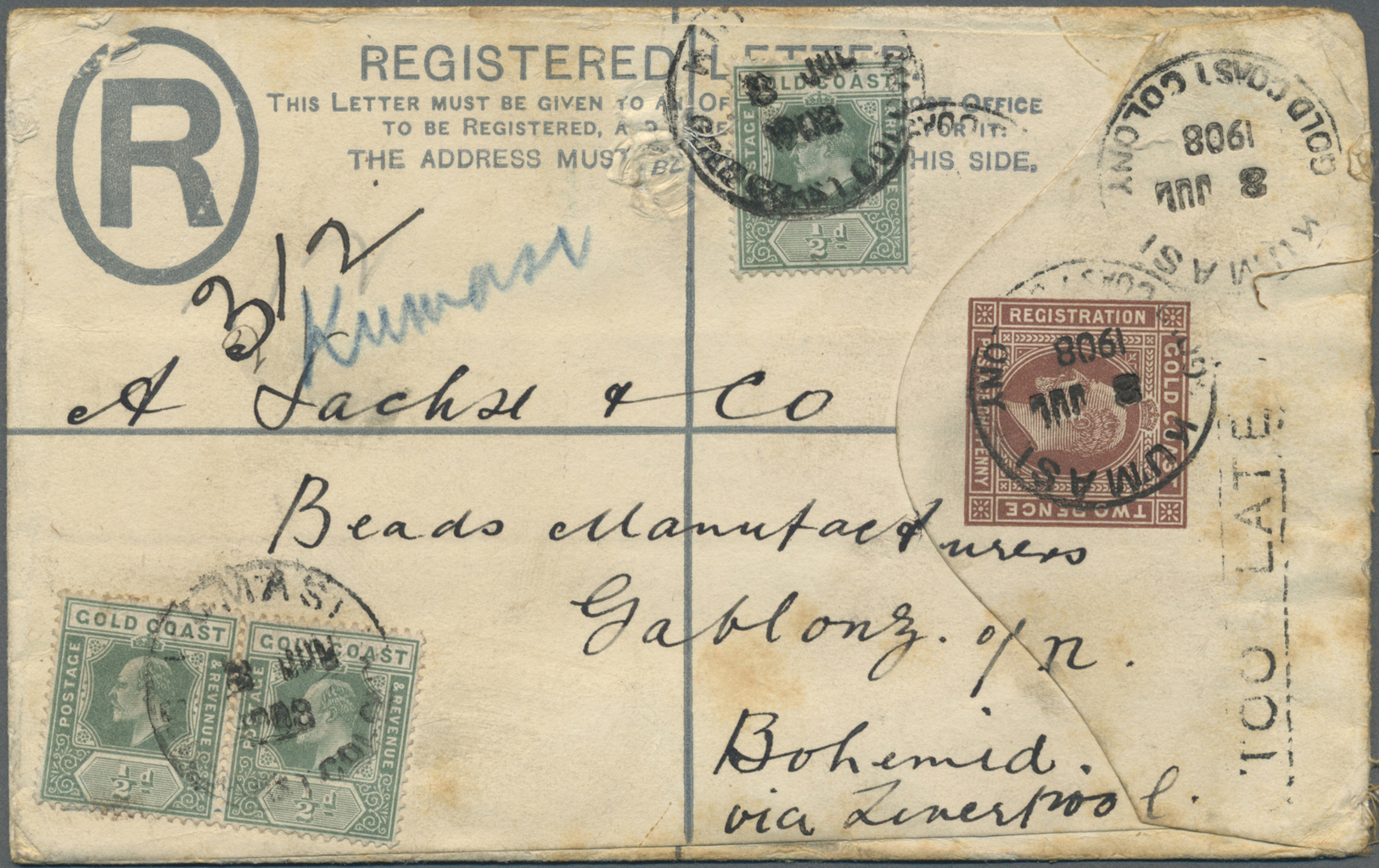 GA Goldküste: 1908. Registered Postal Stationery Envelope 2d Brown Upgraded With SG 59, ½d Green (3) Tied By Kumasi Gold - Gold Coast (...-1957)