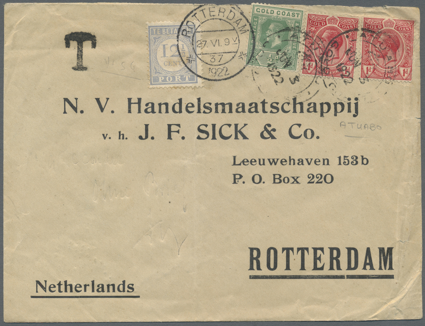 Br Goldküste: 1922. Envelope (faults) Addressed To Holland Bearing SG 70, ½d Green And SG 72, 1d Red (2) Tied By Aluabo  - Gold Coast (...-1957)