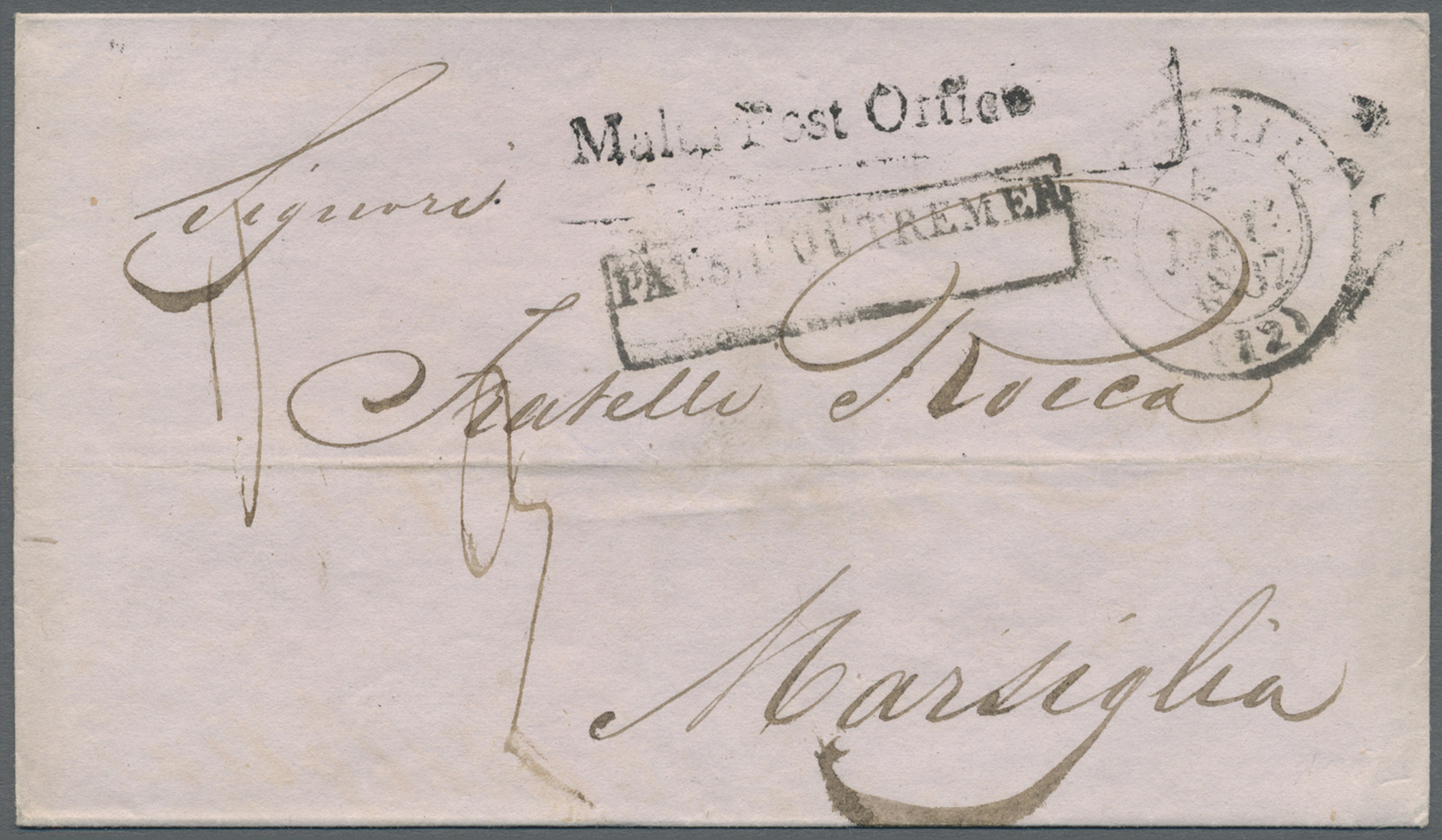 Br Malta - Vorphilatelie: 1837, "Malta Post Office" (Type 1b), Brief (waagerechter Mittelbug) Nach Marseille, Lau - Malta
