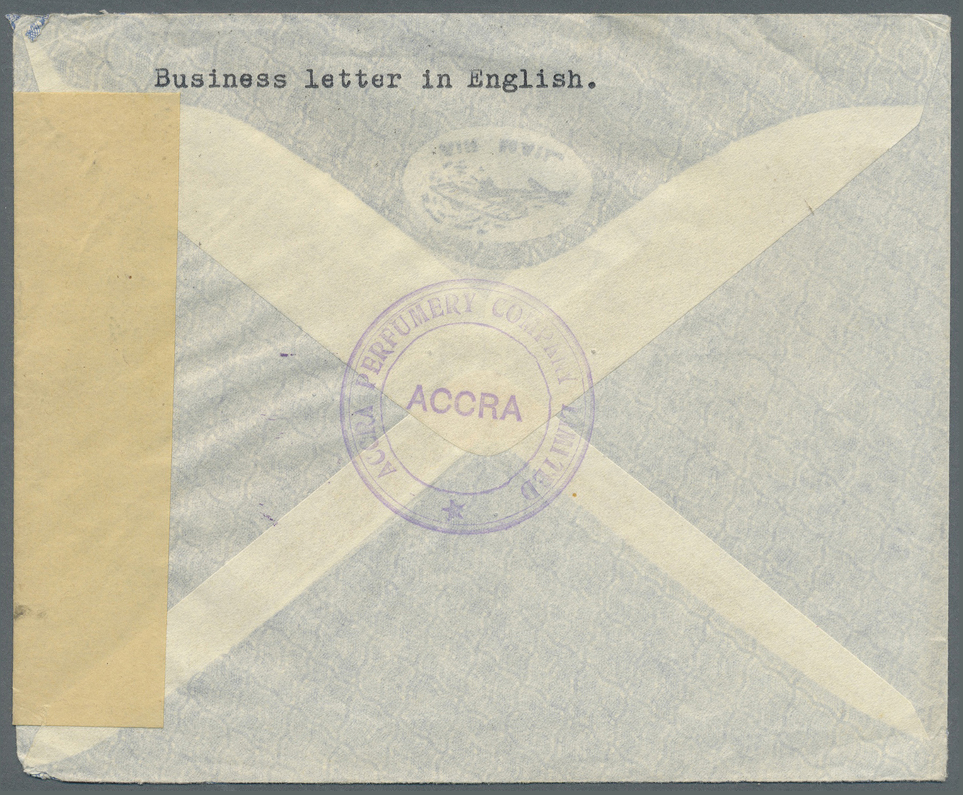 Br Goldküste: 1941. Air Mail Envelope Written Front The 'Accra Perfumery Co' With Violet Cachet Addressed To Belgium Bea - Gold Coast (...-1957)