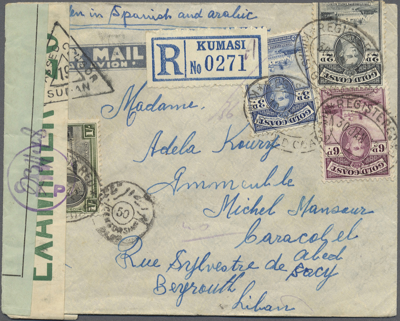 Br Goldküste: 1942. Registered Air Mail Envelope Addressed To Beyrouth, Lebanon Bearing Gold Coast SG 123, 2d Grey, SG 1 - Côte D'Or (...-1957)