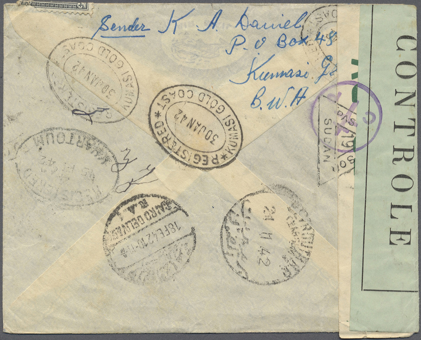 Br Goldküste: 1942. Registered Air Mail Envelope Addressed To Beyrouth, Lebanon Bearing Gold Coast SG 123, 2d Grey, SG 1 - Côte D'Or (...-1957)