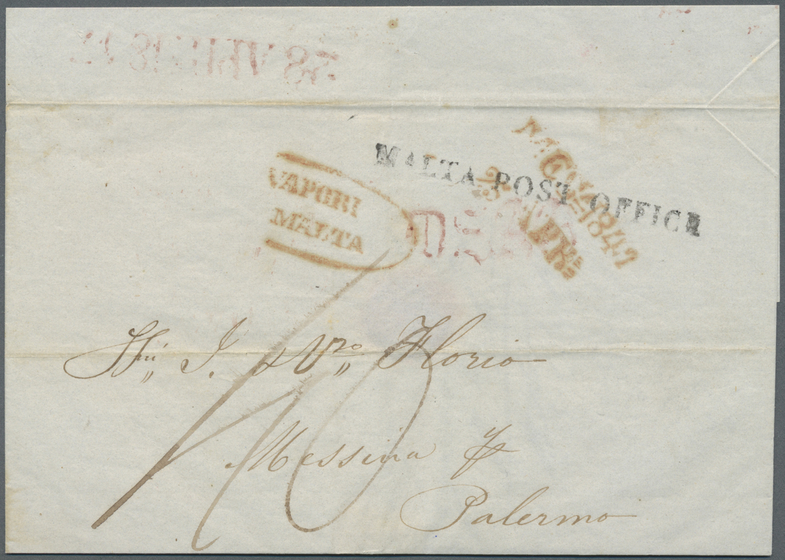 Br Malta - Vorphilatelie: 1847, "MALTA POST OFFICE" One Line Stamp (type M.P.O.-2a) On Folded Letter From PALERMO - Malta